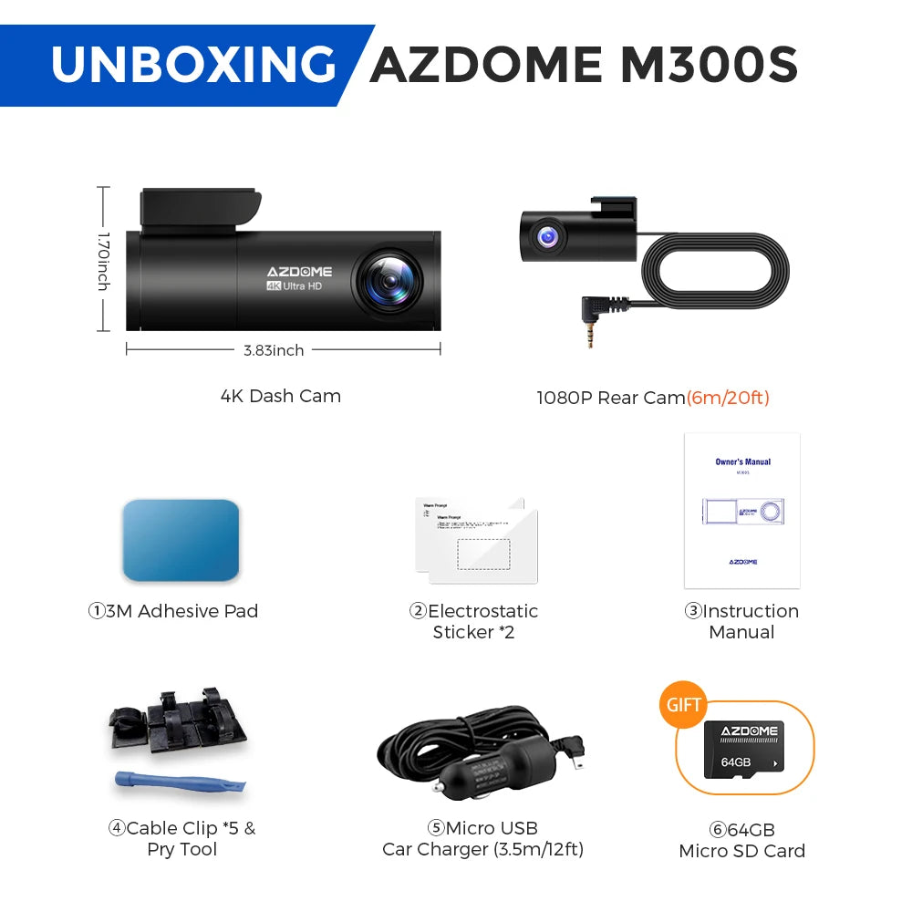 AZDOME M300S Car Recorders 4K+1080P Rear Camera (Free 64G TF) 800MP Lens GPS Wifi Car DVR Voice Control  Dash Cam Night Vision [CAR]