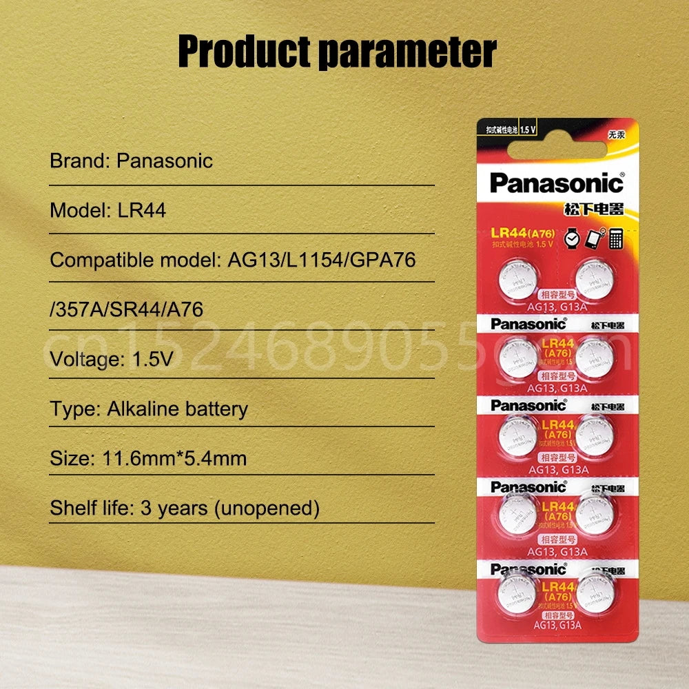 10PCS Panasonic Alkaline Battery LR44 A76 AG13 LR1154 SR1154 SR44 GP76 1.5V For Watch Clock Calculator Electric Toy Button Cell [BAT]