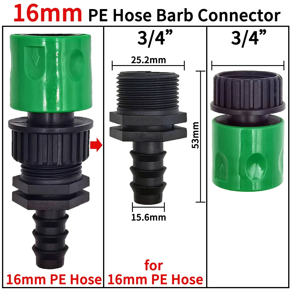 WUJIE 3/4'' Quick Connector Nipple EURO Barb Threaded Adapter for 16mm 20mm PE Hose Pipe Garden Drip Irrigation Watering System [GAR]