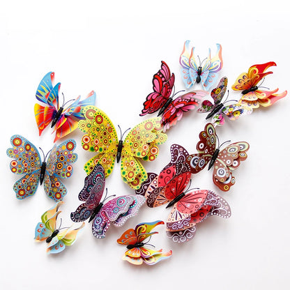 New Style 12Pcs Double Layer 3D Butterfly Wall Stickers Home Room Decor Butterflies For Wedding Decoration Magnet Fridge Decals [DEC]