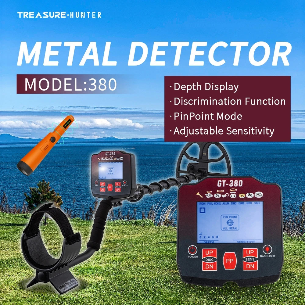 Treasure Hunter GT380 Professional Underground Gold Metal Detector 400 Scanner Finder Digger Waterproof 11" Coil Tool Pinpointer [MTL]