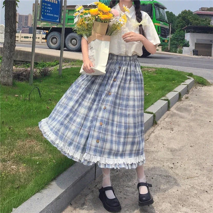 Japanese Lolita Style Women Skirt High Waist Vintage Plaid Buttons Skirt Elegant Ruffles Cute Kawaii Midi Self-Made Cotton Skirt [LOL]