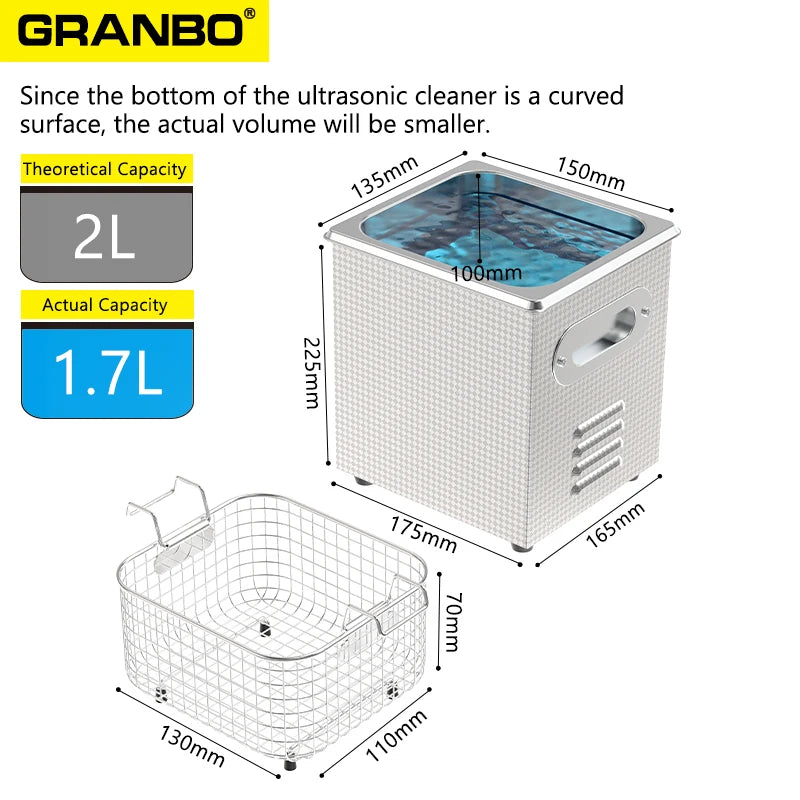 Granbo Portable Ultrasonic Jewelry Cleaner 2L 120W Bath With Heater Timer for Glasses Dental Nozzle Phone Mother Board Wash [HAP]