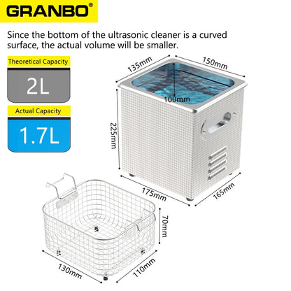 Granbo Portable Ultrasonic Jewelry Cleaner 2L 120W Bath With Heater Timer for Glasses Dental Nozzle Phone Mother Board Wash [HAP]