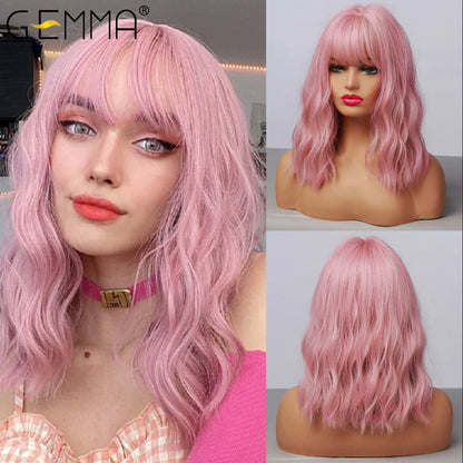 GEMMA Medium Wavy Synthetic Wig with Bangs for Black Women African American Natural Pink Bob Lolita Cosplay Heat Resistant Hair [LOL]