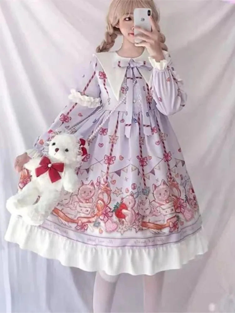 Cute Women's Lolita OP Dress Japanese Harajuku Long Sleeves Victorian Dress Vestidos Gothic Lolita Cosplay Maid платье лолита [LOL]