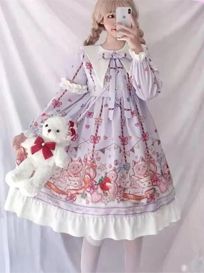 Cute Women's Lolita OP Dress Japanese Harajuku Long Sleeves Victorian Dress Vestidos Gothic Lolita Cosplay Maid платье лолита [LOL]