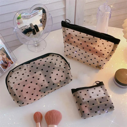 Mesh Cosmetic Makeup Bags Case Holder Cute Transparent Zipper Black Heart Printed Pencil Pen Case Pouch Convenient To Carry [CSM]