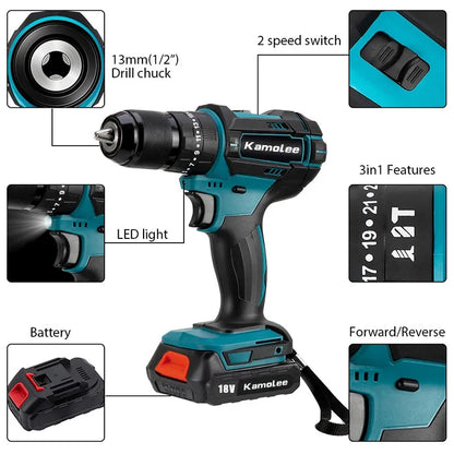 Kamolee 10mm/13mm Brushed Cordless Electric Impact Drill Electric Screwdriver Home DIY Power Tools For Makita 18V Battery [PTO]