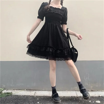 Japanese Lolita Style Women Princess Black Mini Dress Slash Neck High Waist Gothic Dress Puff Sleeve Lace Ruffles Party Dresses [LOL]