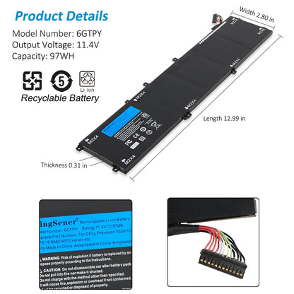 KingSener New 6GTPY H5H20 Laptop Battery For DELL XPS 15 9570 9560 7590 For DELL Precision 5520 5530 Series Notebook 11.4V 97WH [BAT]