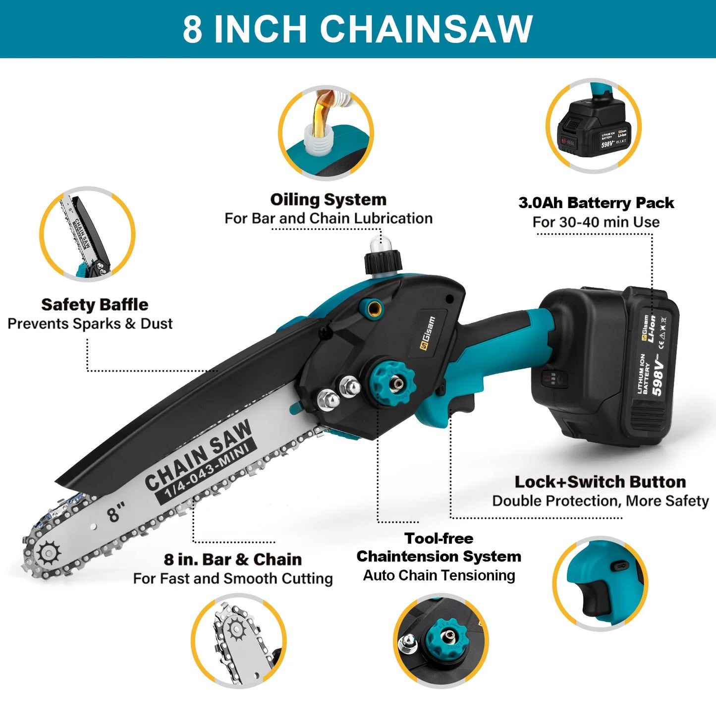 8 Inch Brushless Electric Saw With Oil Can Cordless Handheld Pruning Chainsaw Woodworking Logging Saw Branch Cutting Power Tools [TOL]