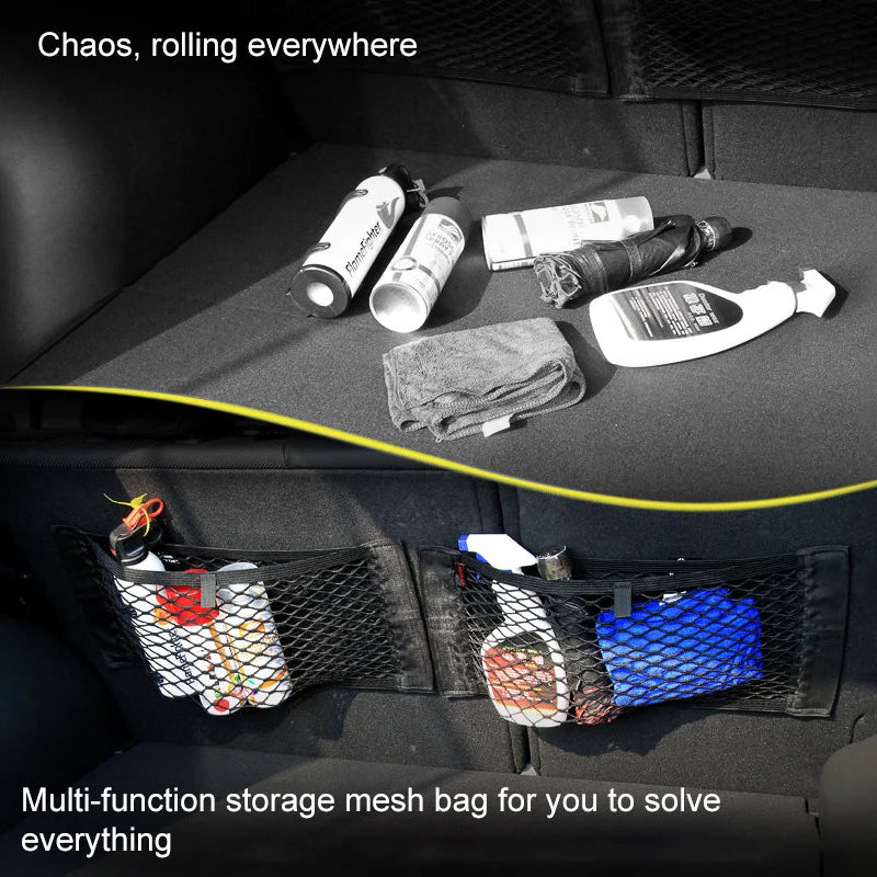 Car Back Rear Mesh Trunk Seat Elastic String Net Magic Sticker Universal Storage Bag Pocket Cage Auto Organizer Seat Back Bag [CAR]