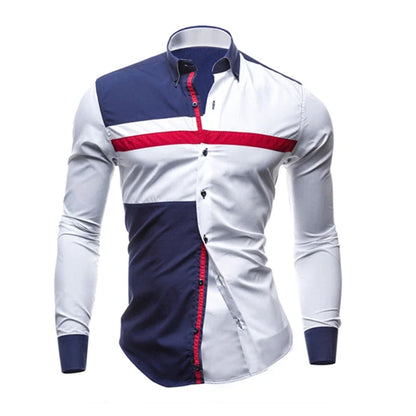 Men Long Sleeve Shirt 2023 Spring Striped Shirts Slim Fit Male Casual Social Patchwork Shirt Turn-down Collar Camisa Masculina [MEN]