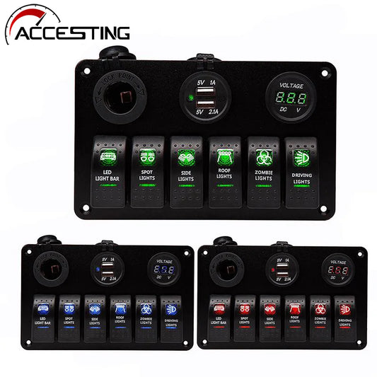 Universal Car Switch Panel 12V Voltmeter Dual USB Accessories For Marine Boat Caravan RV Electric Digital Display Switches [CAM]