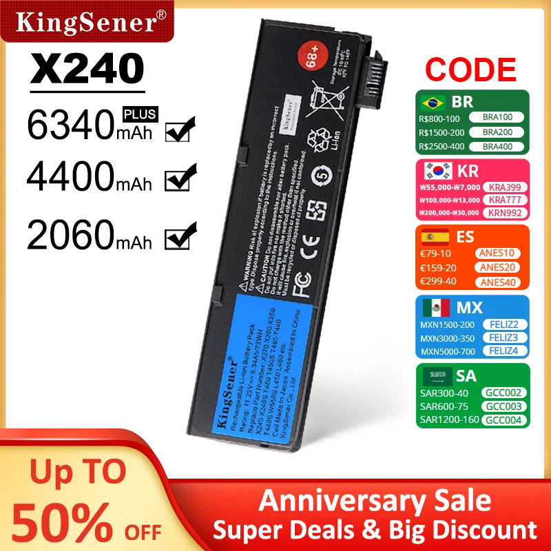 KingSener Laptop Battery for Lenovo Thinkpad X270 X260 X240 X240S X250 T450 T470P T440S K2450 W550S 45N1136 45N1738 68+ [COM]