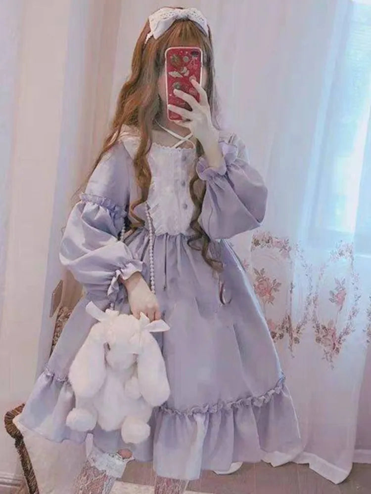 Cute Women's Lolita OP Dress Japanese Harajuku Long Sleeves Victorian Dress Vestidos Gothic Lolita Cosplay Maid платье лолита [LOL]