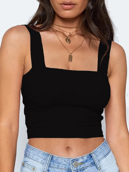 Square Neck Sleeveless Summer Crop Top White Women Black Casual Basic T Shirt Off Shoulder Cami Sexy Backless Tank Top [TSH]