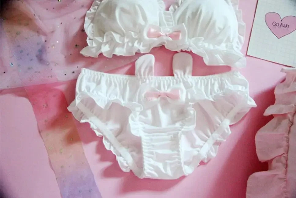 Japanese Lolita Kawaii Bow Ruffle White Underwear Set Sexy Female Cute Rabbit Ears Lingerie Women's Bra & Panties Set Bras [LOL]