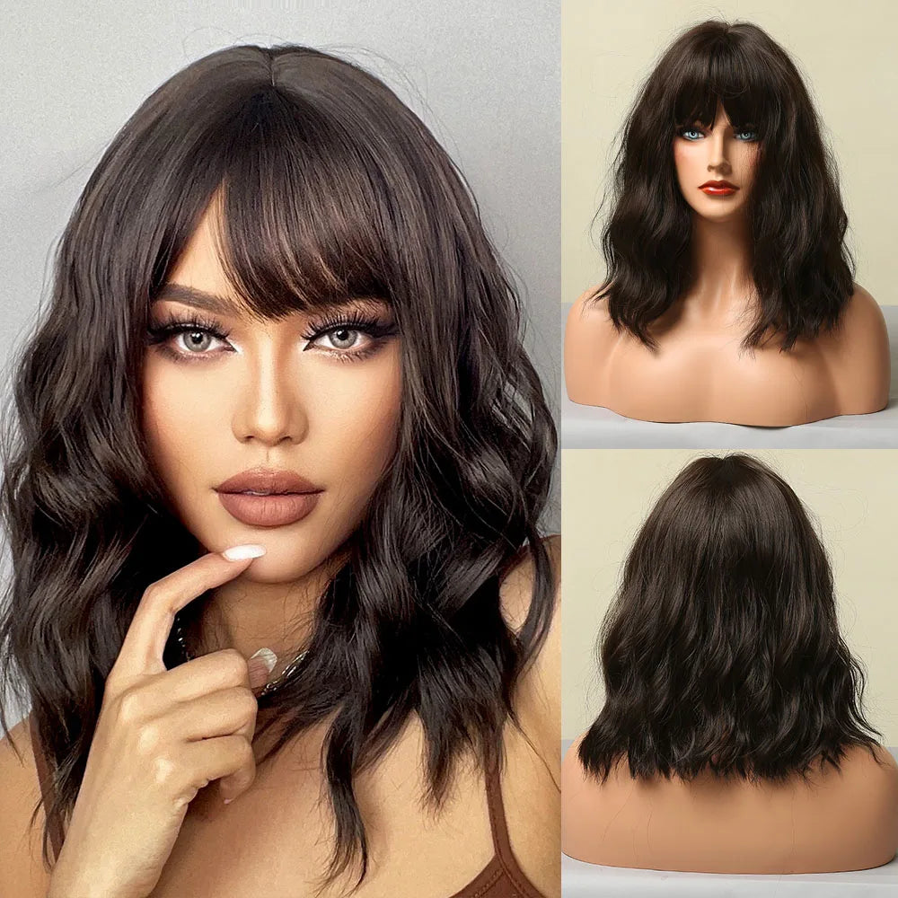 GEMMA Medium Wavy Synthetic Wig with Bangs for Black Women African American Natural Pink Bob Lolita Cosplay Heat Resistant Hair [LOL]