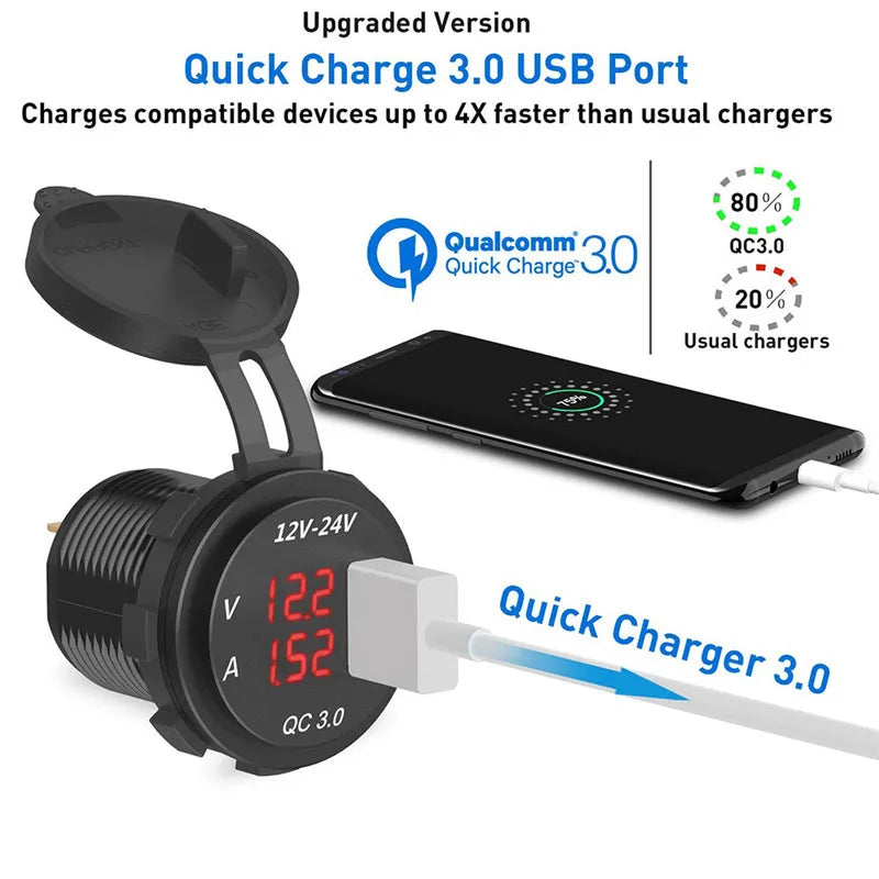 QC 3.0 USB Charger Socket Power Outlet Digital Voltmeter  Ammeter monitoring for Car Boat Marine Rv Motorcycle [MRN]