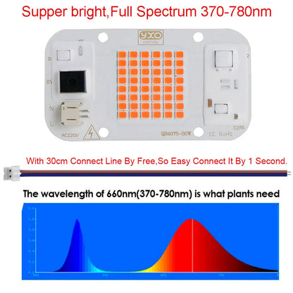 YXO Hydroponice AC 220V 20w 30w 50w Dob Cob LED Grow Light Chip Full Spectrum 380nm-780nm For Indoor Plant Seedling Grow Flower [GAR]