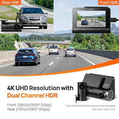 Global 70mai Dash Cam A810 Ultra HD 4K Built-in GPS ADAS Auto Record 150FOV Motion Detection 70mai A810 Car DVR Support Rear Cam [CAR]