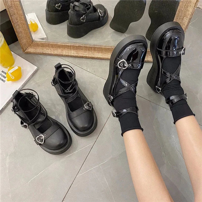 lolita shoes platform emo shoes on heels women loli thick heel cross bandage women shoes kawaii cosplay Mary Janes gothic shoes [LOL]