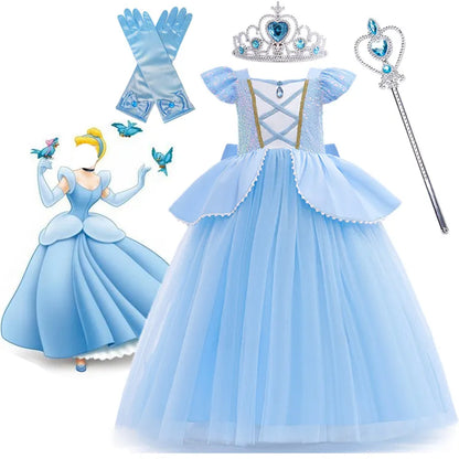 Cinderela Cosplay Costume Kids Clothes for Girls Sequins Princess Dress with Crown Gloves Birthday Party Ball Gown 3-10 Years [COS]