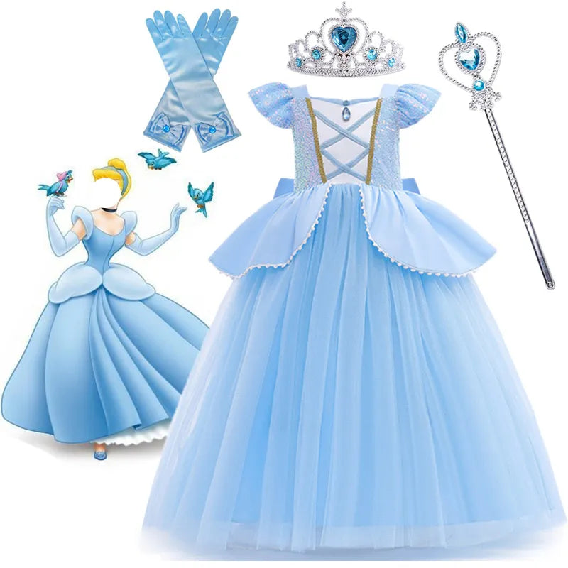 Cinderella Cosplay Costume Kids Clothes for Girls Sequins Princess Dress with Crown Gloves Birthday Party Ball Gown 3-10 Years [COS]