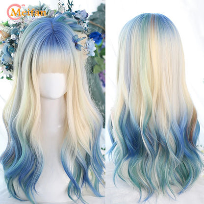 MEIFAN Synthetic Long Ombre Colorful Cosplay Lolita Harajuku Wig With Bangs Natural Wavy Halloween Pink Purple Blue Daily Wigs [LOL]