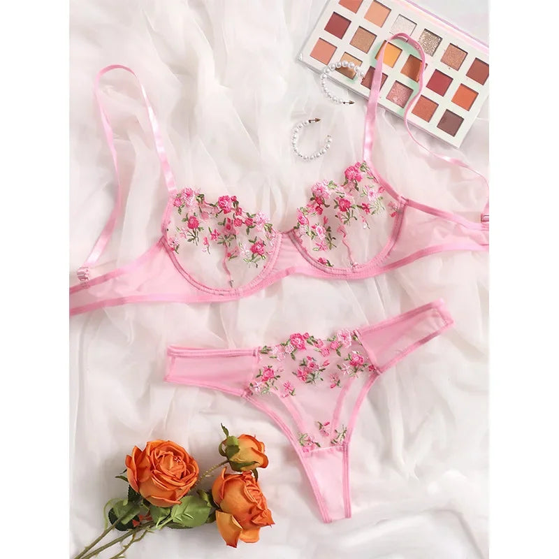 Lingerie Sexy Floral Embroidery Underwear Transparent Lace Short Skin Care Kits Delicate Fairy Set Woman 2 Pieces [UND]