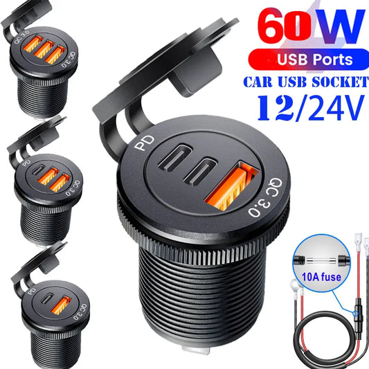 Usb socket in the car Quick Charge  PD 3.0  Car Charger 60W  Outlet Socket For 12V 24V Motorcycle Boat Marine Truck ATV [MRN]