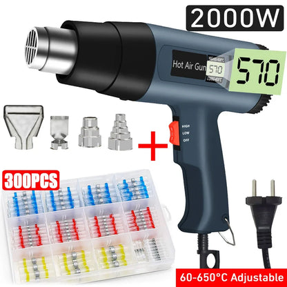 Industrial Heat Gun 2000W Hot Air Gun Air Dryer for Soldering Thermal Blower Shrink Wrapping Tools with 300PCS Wire Connectors [TOL]