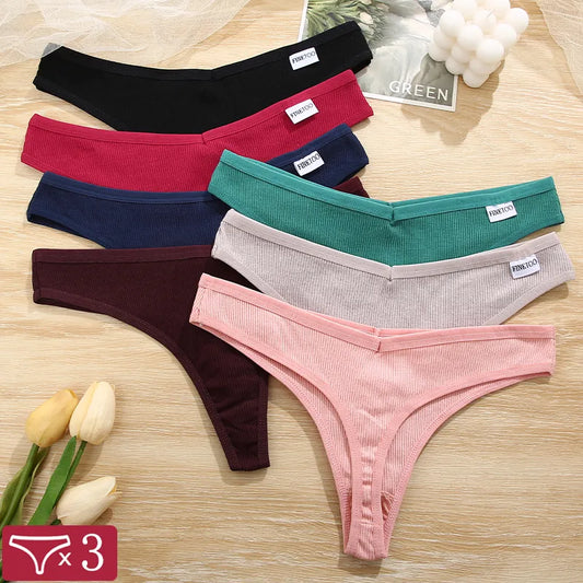 3Pcs/Set Women Sexy Cotton Thongs Solid V-Waist Stripe Lady Panties Breathable G-String Soft Underwear Female Intimates Lingerie [UND]