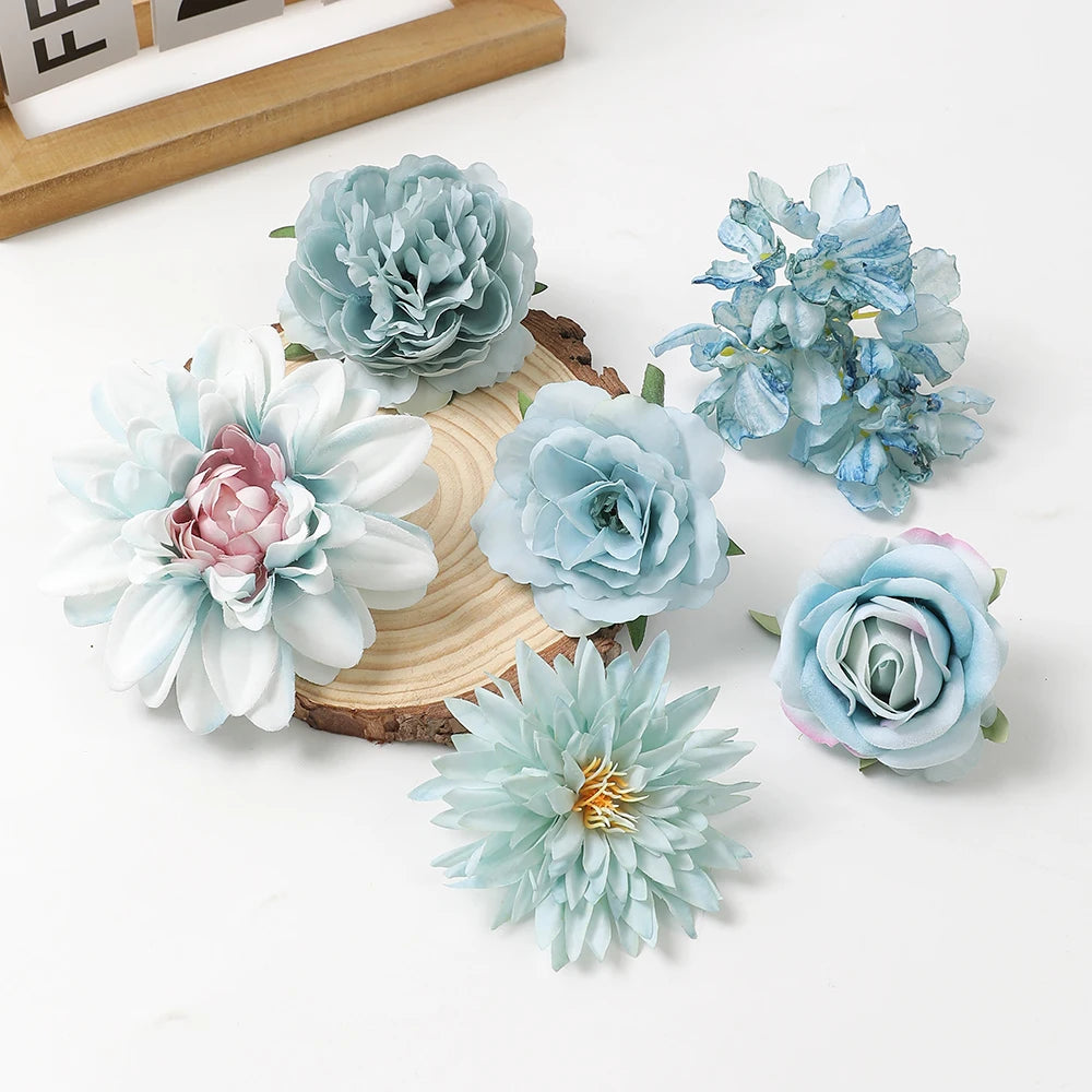 5Pcs Mix Blue Artificial Flowers Head For Wedding Decoration Home Decor DIY Birthday Letters Christmas Wreath Crafts Fake Flower [FLW]