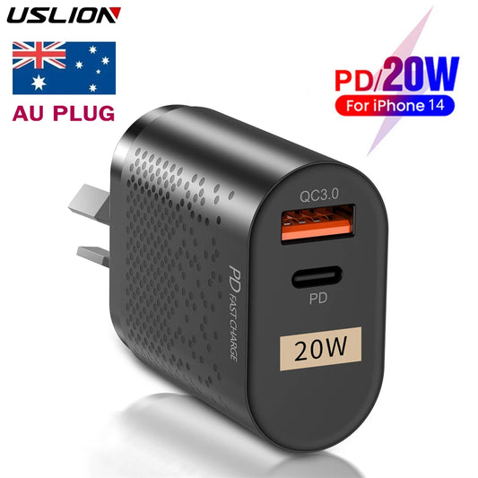 USLION QC3.0 3A PD20W Fast Charger For iPhone 14 11 Wall USB Charger AU Plug Adapter for Samsung Huawei Mi Mobile Phone Charger [MOB]