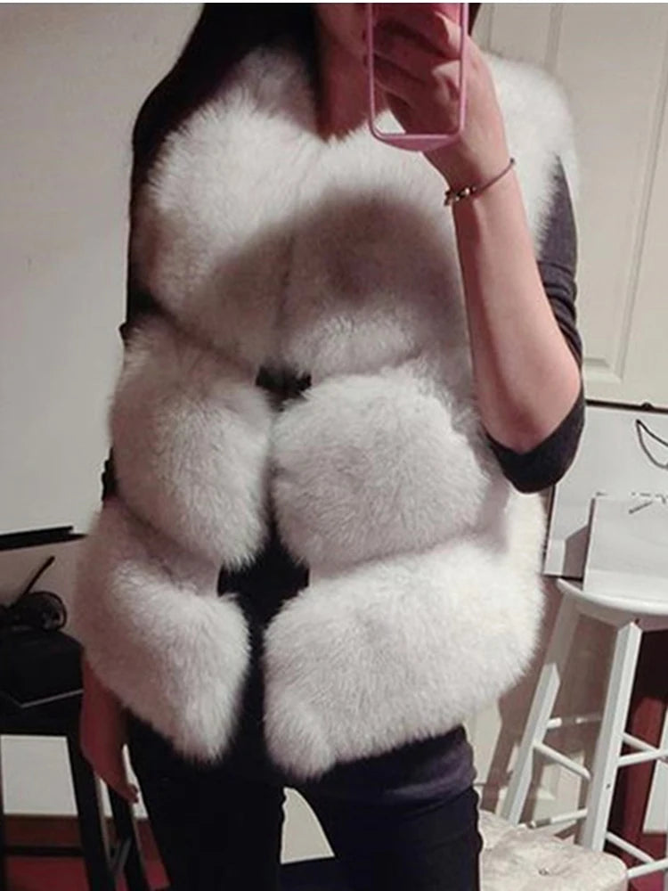 ZADORIN 3XL Autumn Winter Thick Warm Faux Fox Fur Vest Women High-Quality Fashion V-Neck Short Fur Coat Female Fur Waistcoat [WOM]