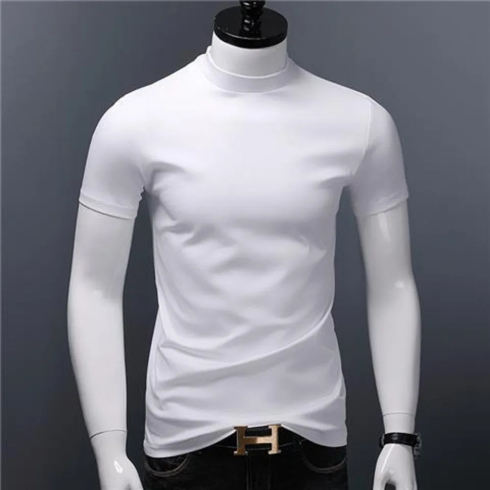 Men's Casual Turtleneck T-Shirts Short Sleeve Solid Slim Fit Silk High Neck Tops Inner Wear Trendy Round Neck Base Layer Shirt [MEN]