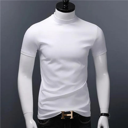 Men's Casual Turtleneck T-Shirts Short Sleeve Solid Slim Fit Silk High Neck Tops Inner Wear Trendy Round Neck Base Layer Shirt [MEN]