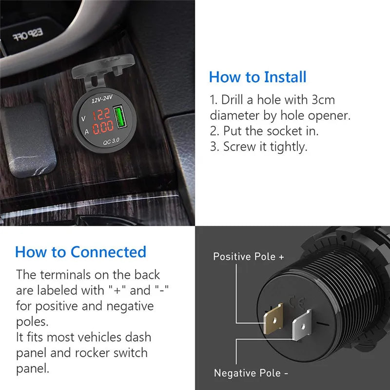 QC 3.0 USB Charger Socket Power Outlet Digital Voltmeter  Ammeter monitoring for Car Boat Marine Rv Motorcycle [MRN]