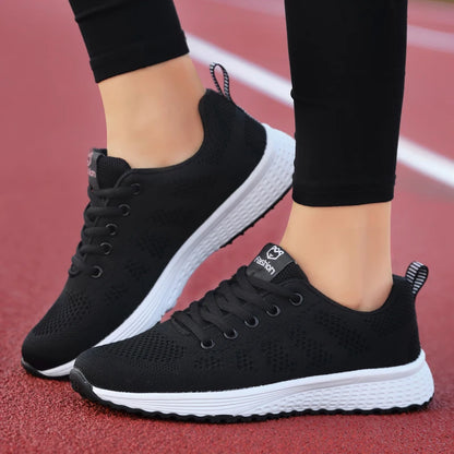 Women Casual Shoes Breathable Walking Mesh Lace Up Flat Shoes Sneakers Women Tenis Feminino Pink Black White [SHO]