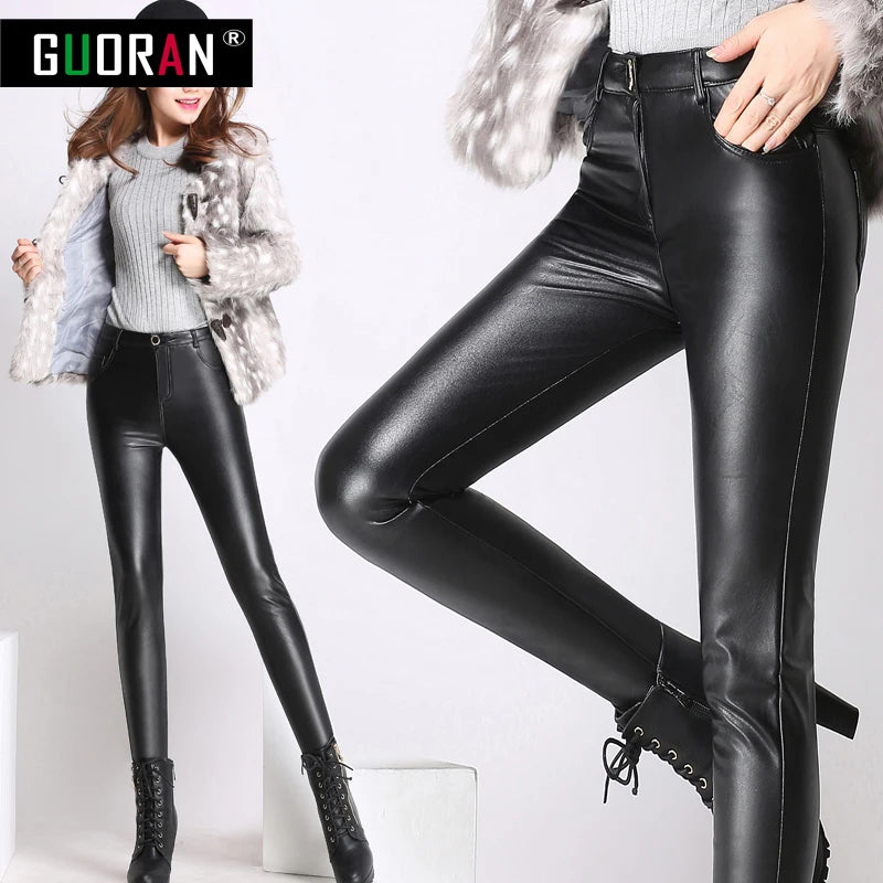 Causal women leather pants high waist skinny warm thicken patchwork office pencil pants female trousers leggings clothe 4XL [WOM]