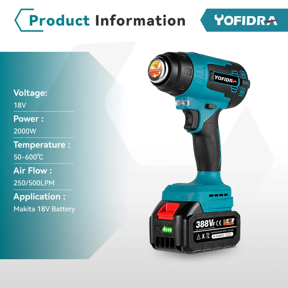 Yofidra 2000W Electric Heat Gun Cordless Handheld Hot Air Gun with 3 Nozzles Industrial Home Hair Dryer For Makita 18V Battery [TOL]