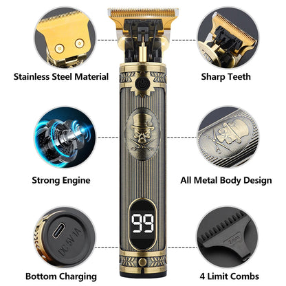 Digital Display Stainless Steel Cutter Head Professional T9 Hair Trimmer Metal Body Men's Electric Shaver Men's Barber Machine [HAI]