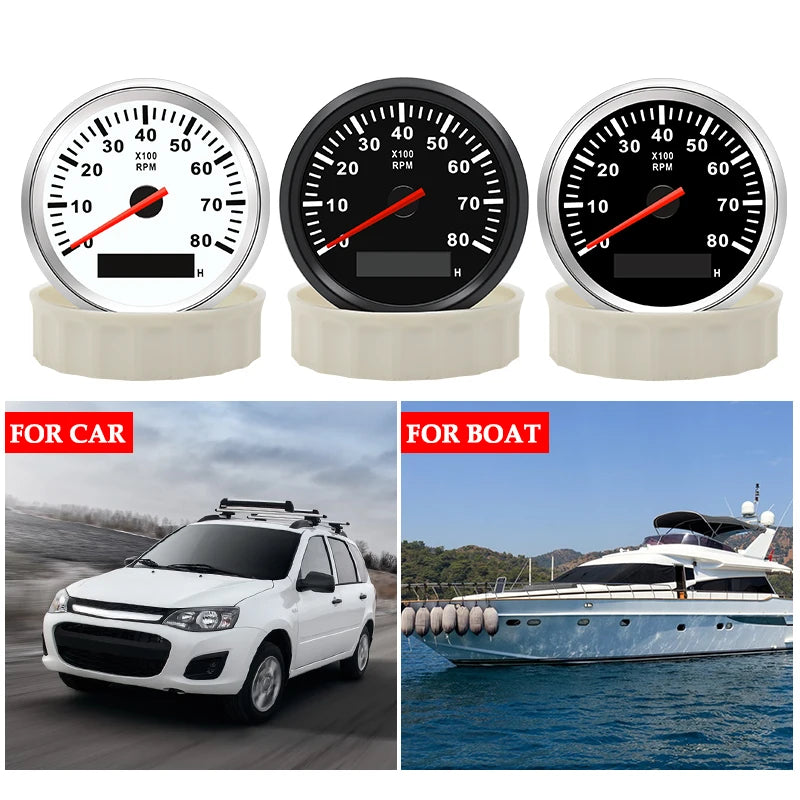 8K Boat Tachometer Marine Tacho Meter Gauge LCD Hourmeter 12V/24V 8000 RPM 85mm Car Tachometer Toerenteller 12v Hour Meter [MRN]