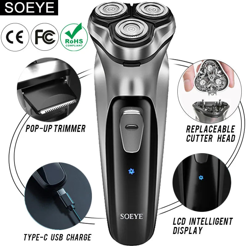 Men's Electric Shaver For Men Shaving Machine SOEYE Beard Trimmer 3D Floating Blade Washable USB Recharge Hair Cutting Machine [HAI]