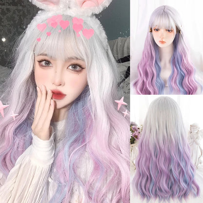 HUAYA Synthetic Ombre Purple Color Lolita Long Wavy Curly Wigs With Bangs Cute Girl Daily Party Cosplay Wig Heat Resistant Fiber [LOL]