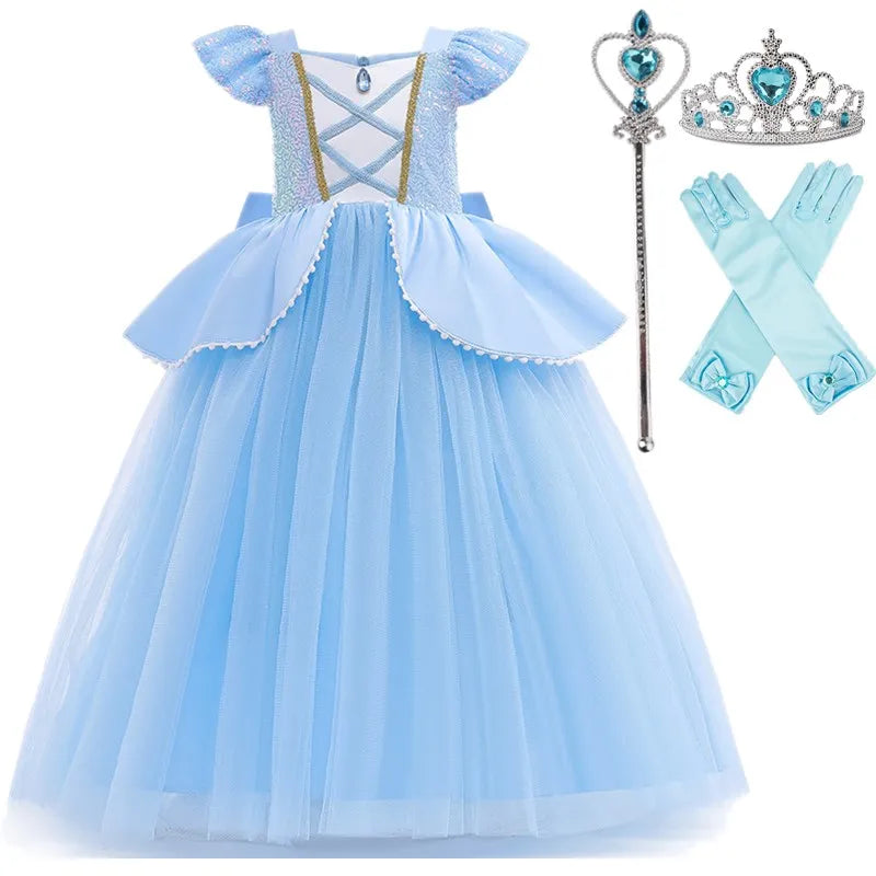 Cinderela Cosplay Costume Kids Clothes for Girls Sequins Princess Dress with Crown Gloves Birthday Party Ball Gown 3-10 Years [COS]