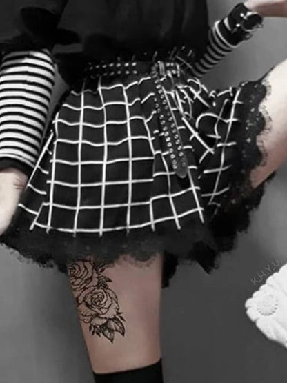 Black White Plaid Shorts Women Harajuku Lace Trim Chic Lace Shorts Punk Gothic Shortses Lolita Womens Streetwear High Waist [LOL]